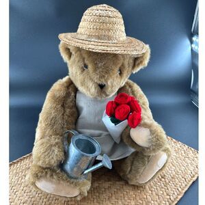 VTG The Vermont Teddy Bear Co, 15"Length Golden/Tan, Straw Hat, Bouquet Roses
